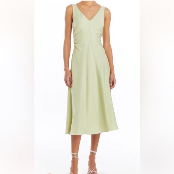 AMANDA UPRICHARD Dress Linen Sabal Midi V Neck A-Line Sleeveless Green S - Picture 2 of 9